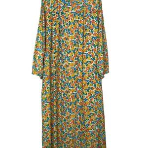 Vintage Koffee Kasual Full Dress Floral Button-Up Dress Yellow Orange Blue Green